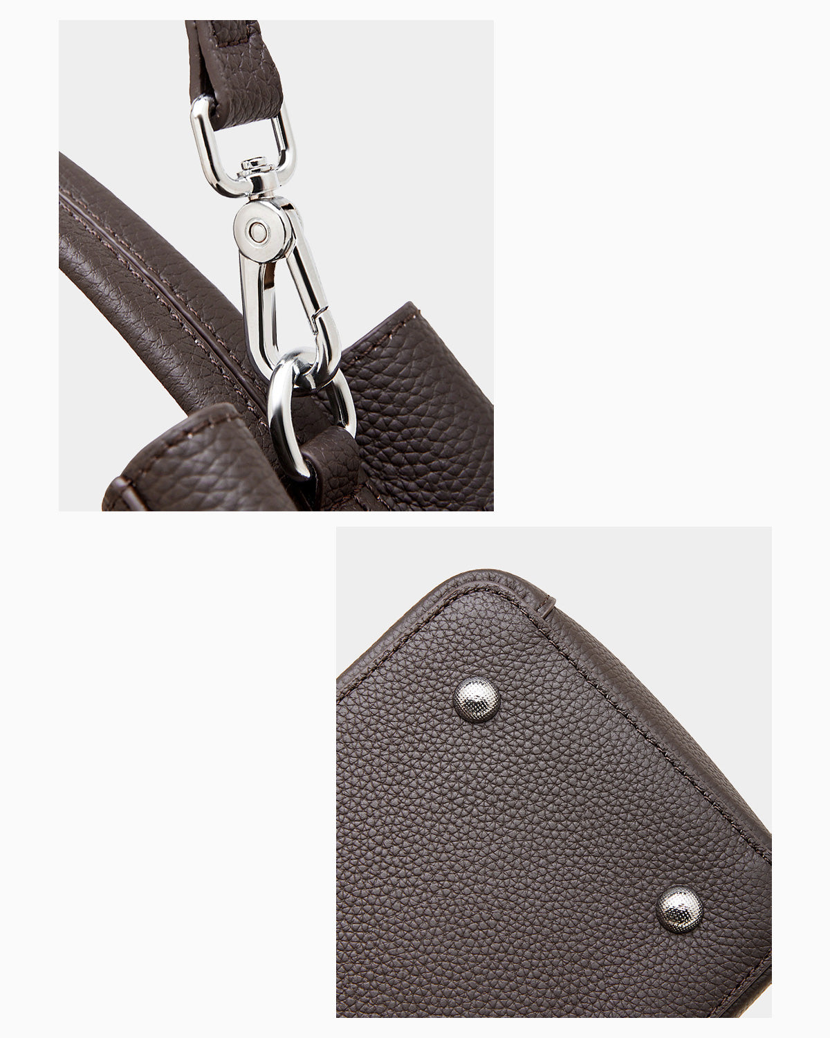 Classic Genuine Leather Bucket Bag with Detachable Strap & Pouch, Coffee Color, hardware details