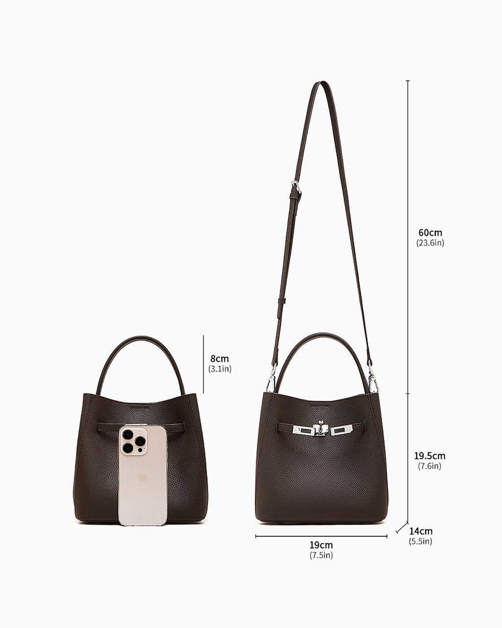 Classic Genuine Leather Bucket Bag with Detachable Strap & Pouch, Coffee Color, dimensions