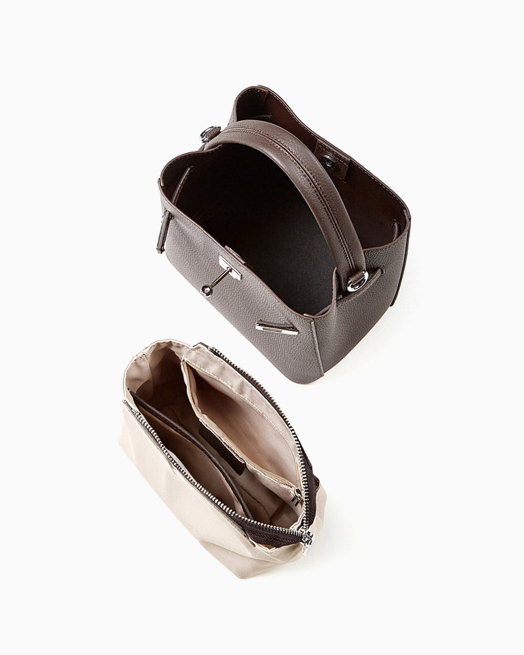 Classic Genuine Leather Bucket Bag with Detachable Strap & Pouch, Coffee Color, compartment details