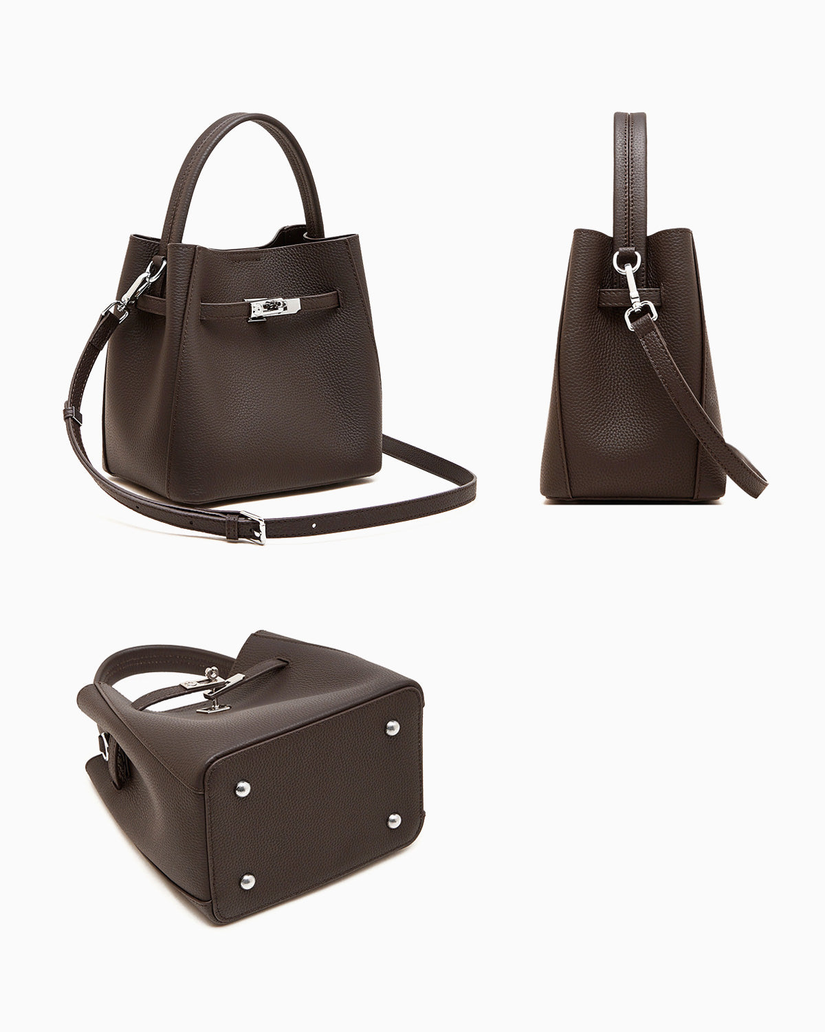 Classic Genuine Leather Bucket Bag with Detachable Strap & Pouch, Coffee Color, front, side and bottom view