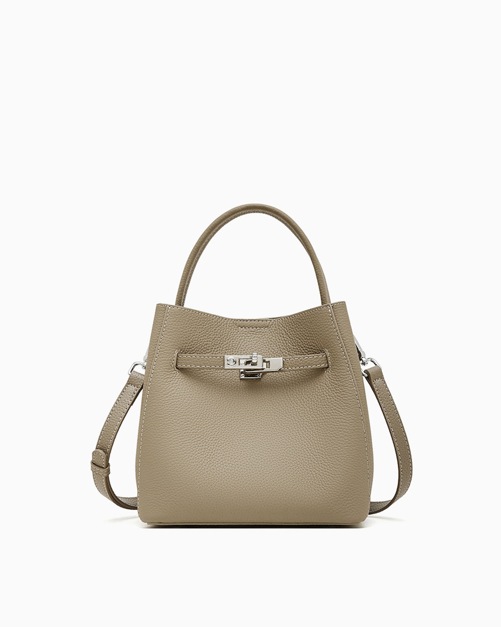 Classic Genuine Leather Bucket Bag with Detachable Strap & Pouch, Elephant Gray Color