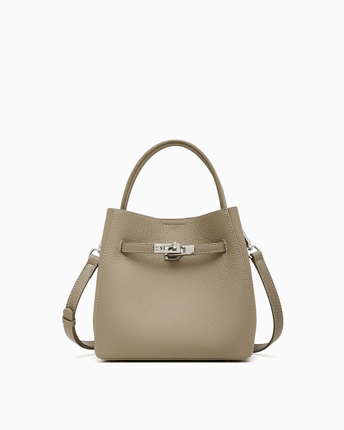 Classic Genuine Leather Bucket Bag with Detachable Strap & Pouch, Elephant Gray Color