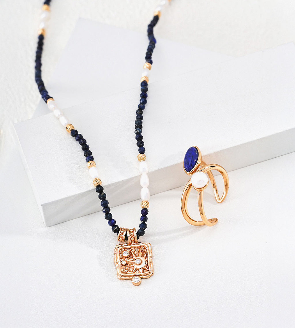 18K Gold-Plated S925 Sterling Silver Star Wish Lapis & Pearl Pendant Necklace