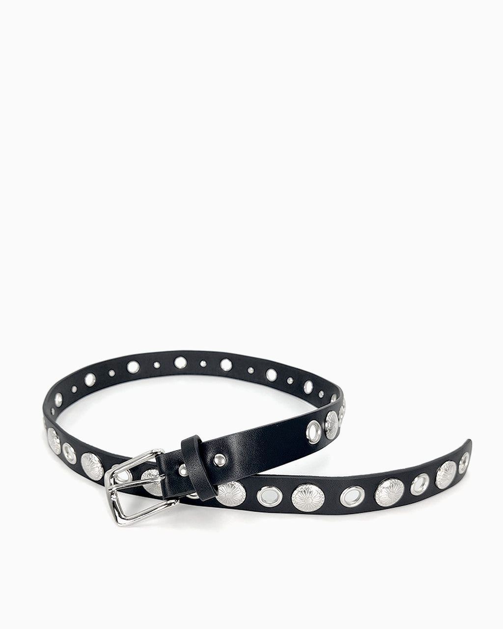Edgy Statement Studded Belt with Eyelet Accents, Black with silver hardware