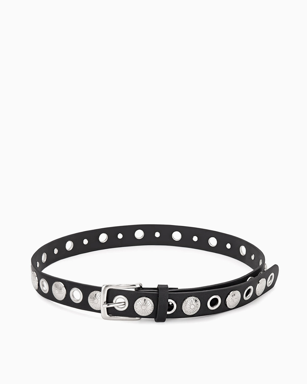 Edgy Statement Studded Belt with Eyelet Accents, Black with silver hardware