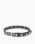 Edgy Statement Studded Belt with Eyelet Accents, Black with silver hardware