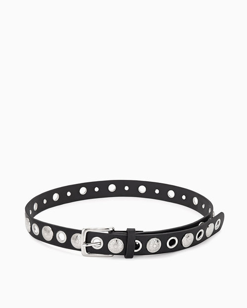 Edgy Statement Studded Belt with Eyelet Accents, Black with silver hardware