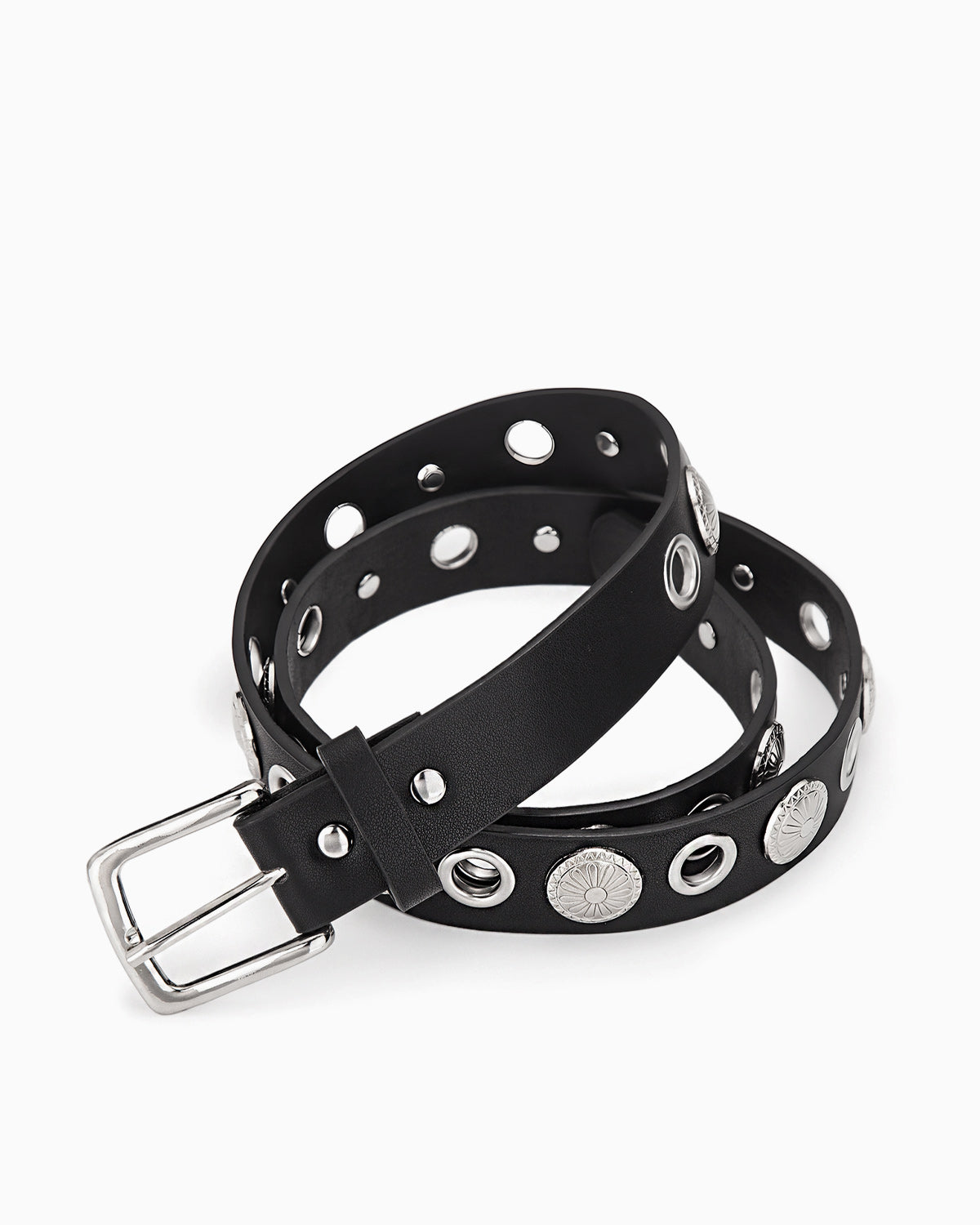 Edgy Statement Studded Belt with Eyelet Accents, Black with silver hardware