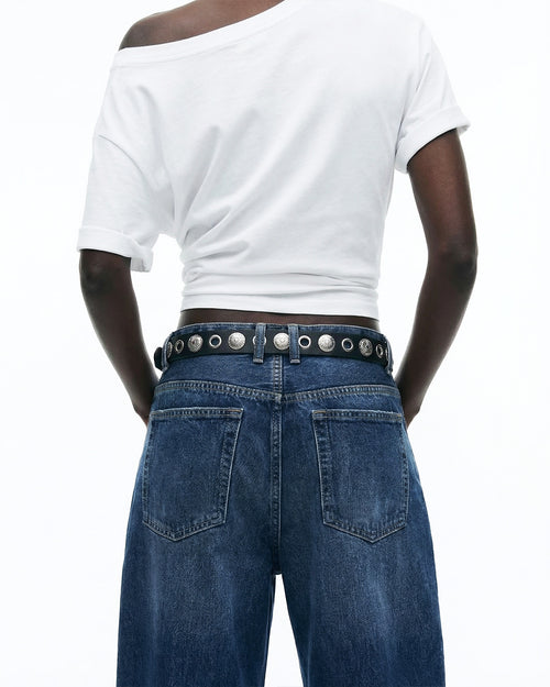 Edgy Statement Studded Belt with Eyelet Accents, Black with silver hardware