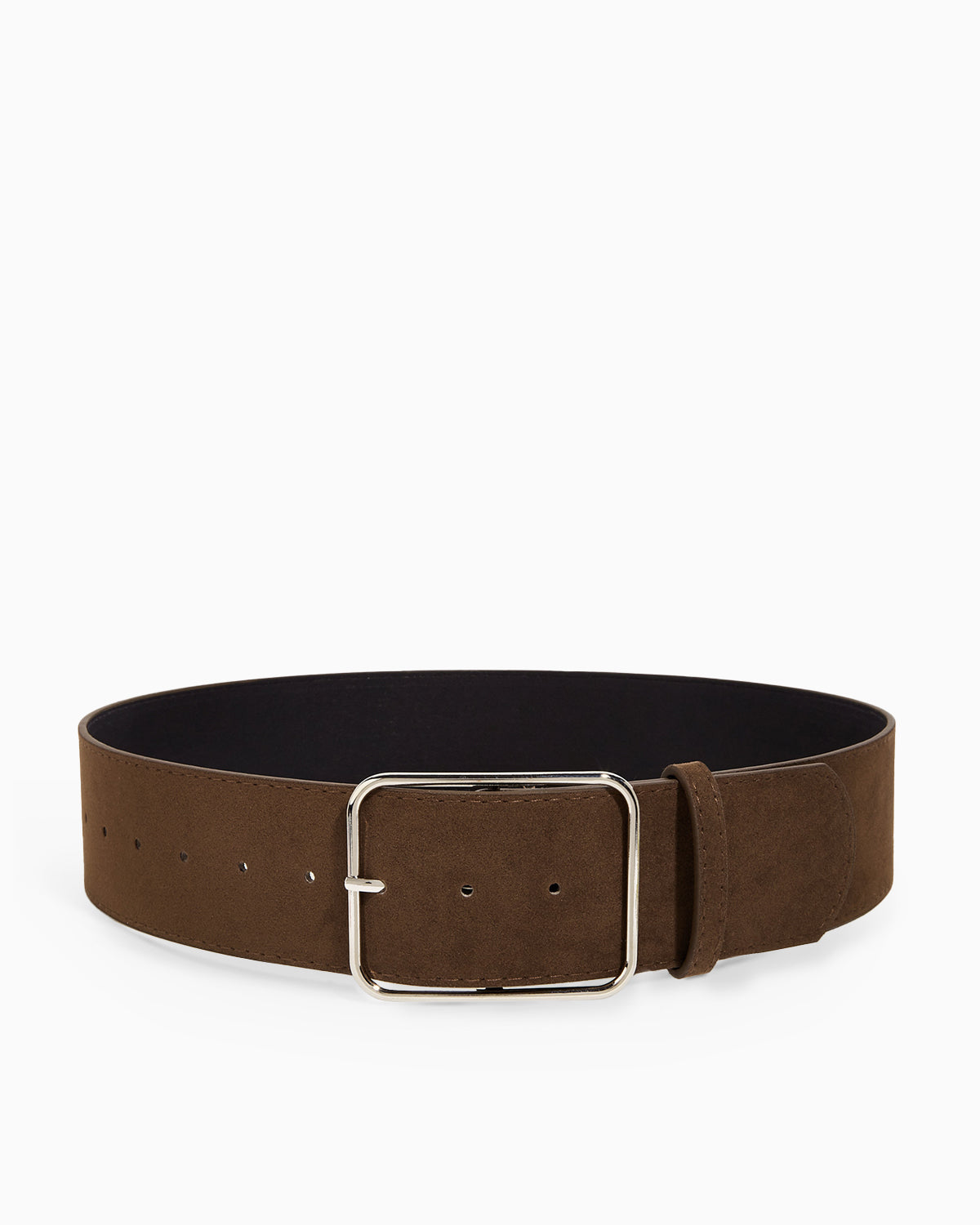 Women's Suede Leather Wide Belt with Silver Buckle, Brown color