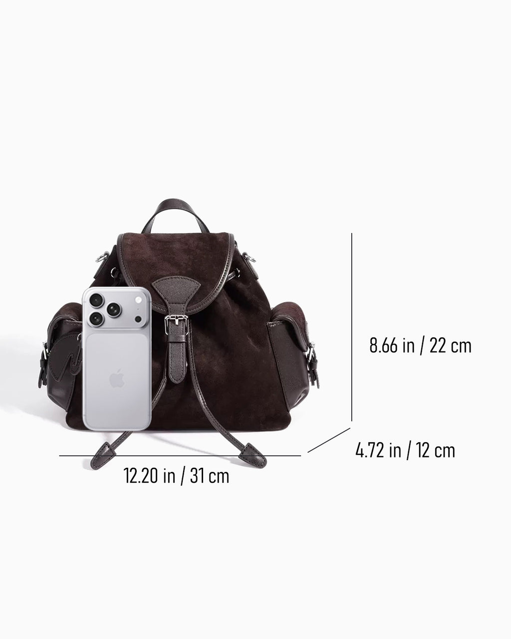 Dimensions of women's Espresso-Brown Vintage Suede Leather Backpack | BUCKLE Collective