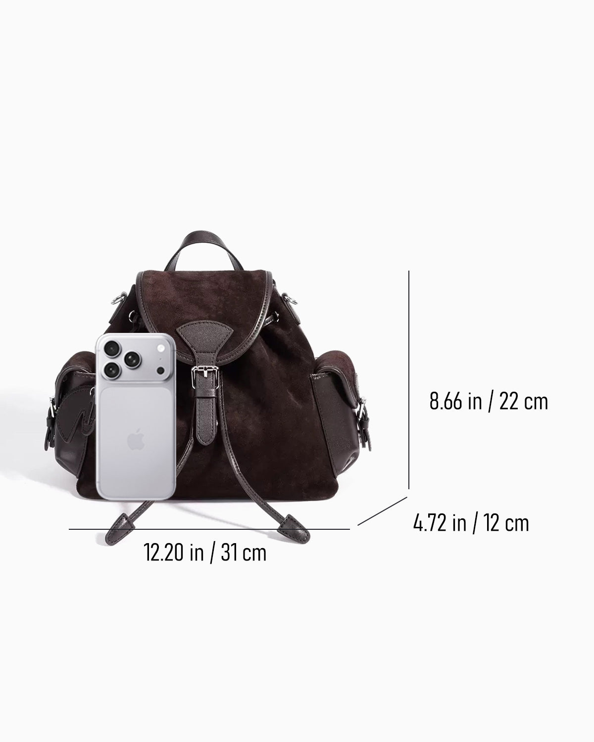 Dimensions of women's Espresso-Brown Vintage Suede Leather Backpack | BUCKLE Collective