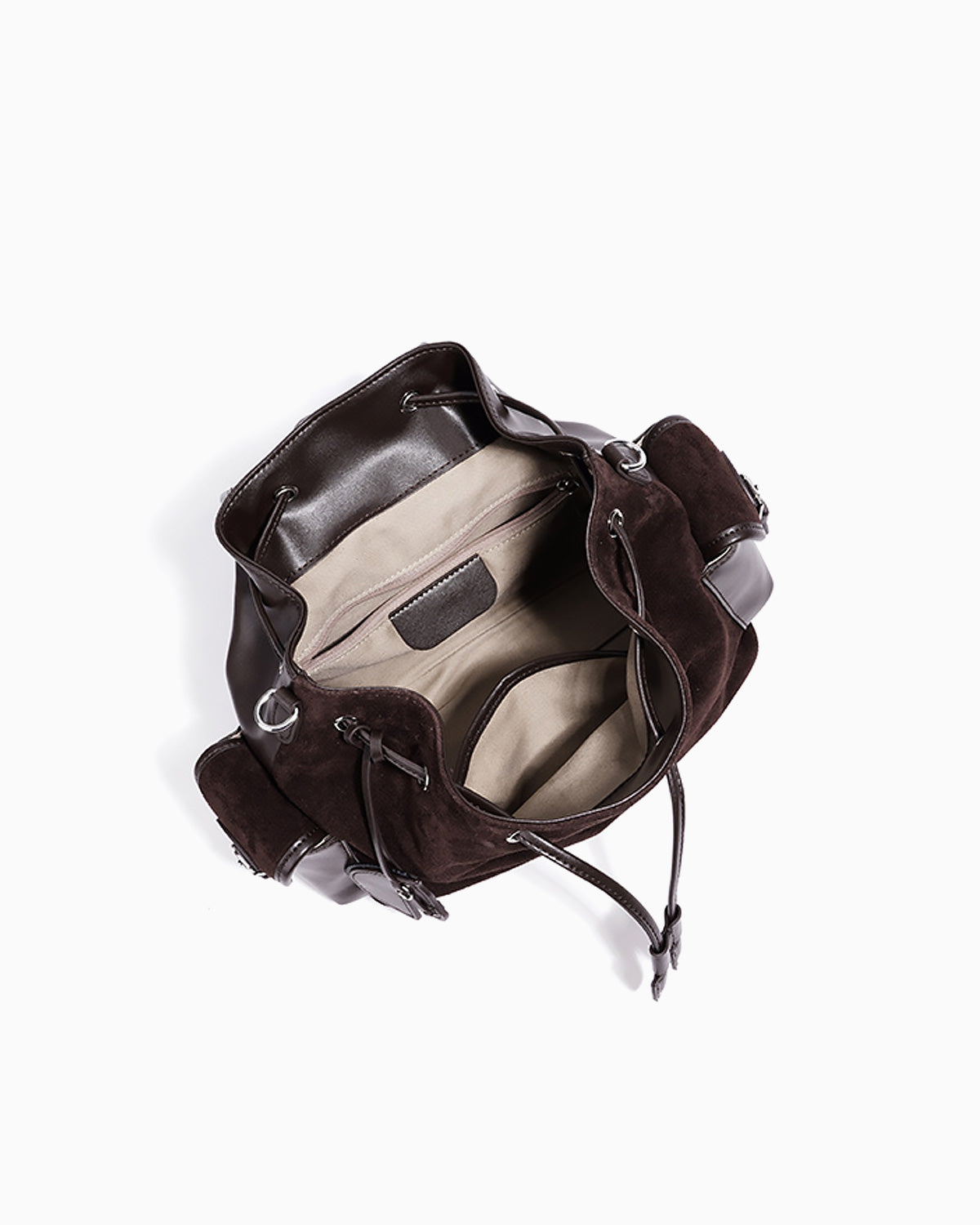 Compartment details of the women's Espresso-Brown Vintage Suede Leather Backpack | BUCKLE Collective