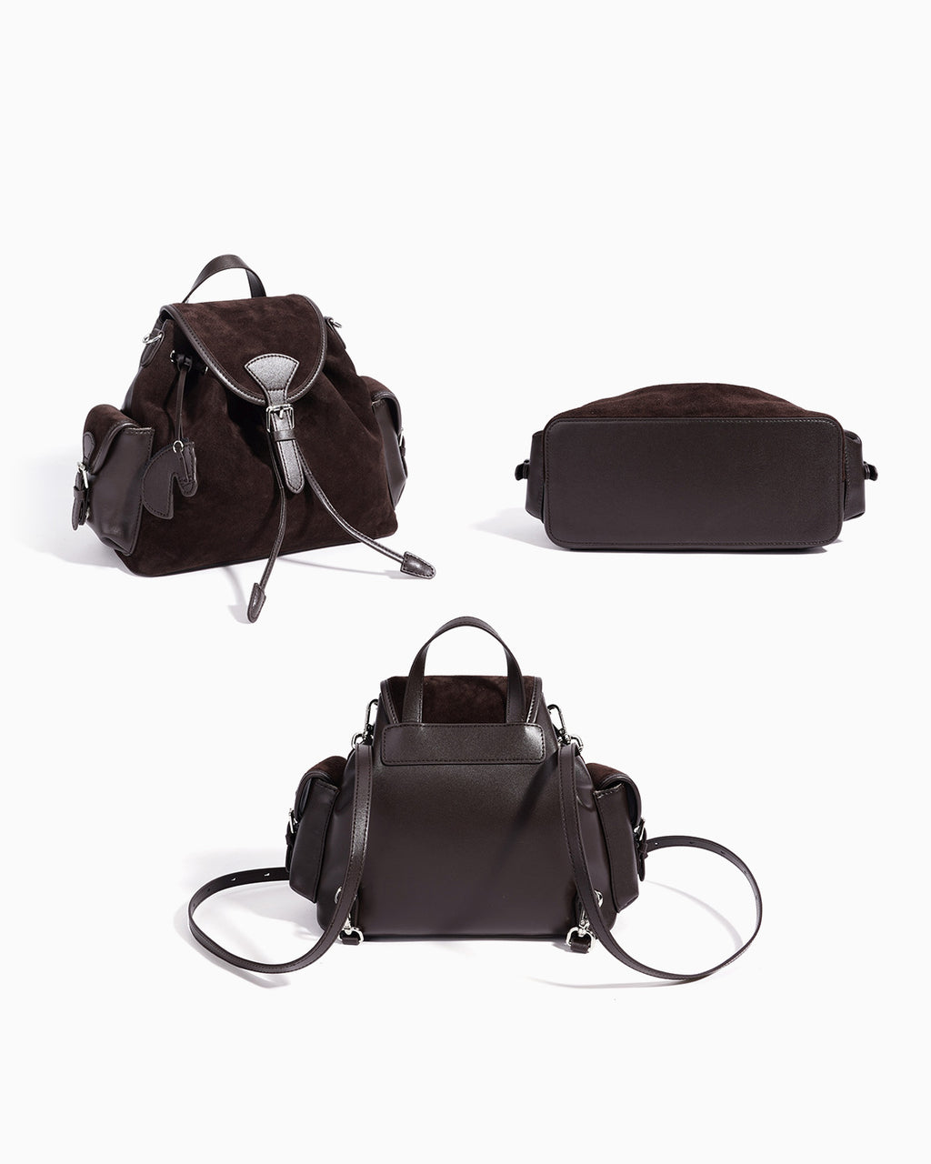 Front, bottom, and back view of an Espresso-Brown Women's Vintage Suede Leather Backpack | BUCKLE Collective