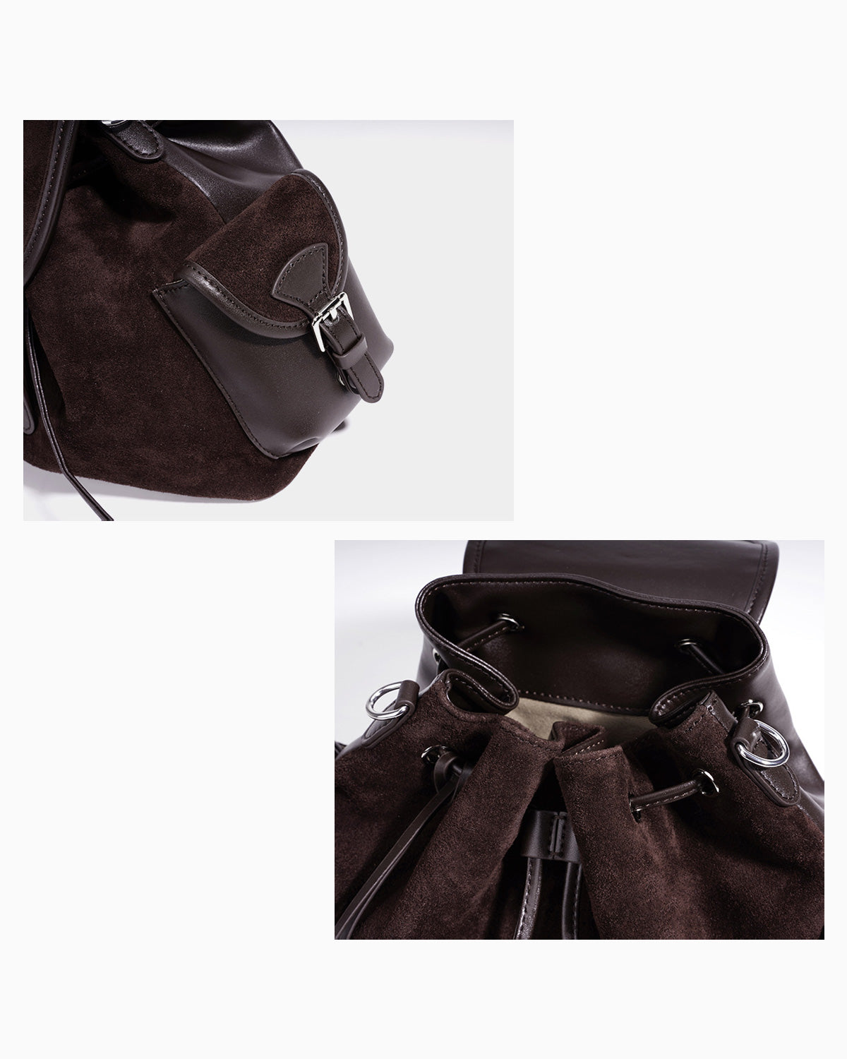 Side pocket and opening details of a Women's Suede Leather Backpack by BUCKLE Collective