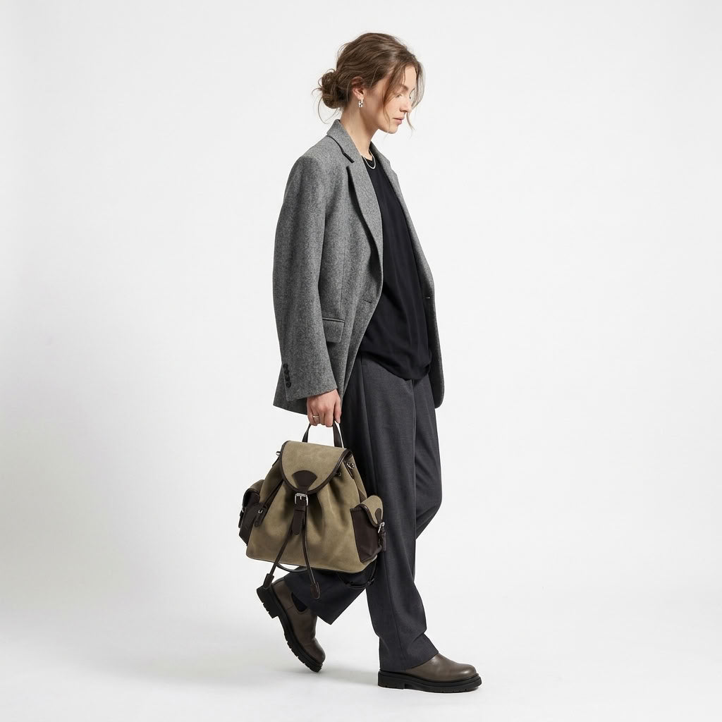 A woman in a gray blazer, black top, and dark trousers walks while carrying a beige suede backpack with dark brown leather straps and buckles | BUCKLE Collective