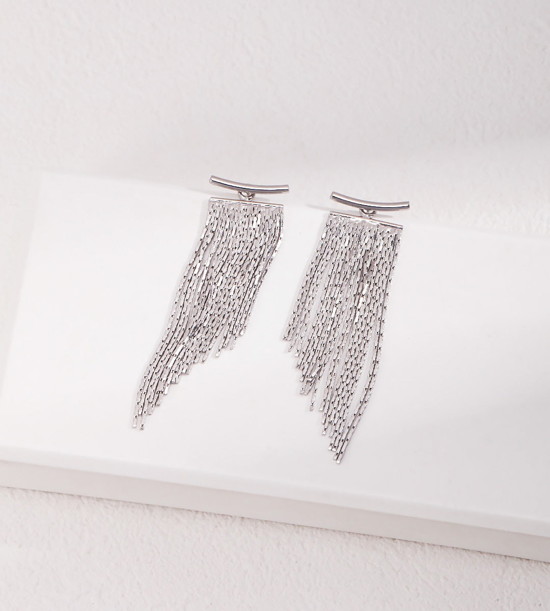 18K White-Gold-Plated S925 Silver T-Bar Long Chain Tassel Drop Earrings