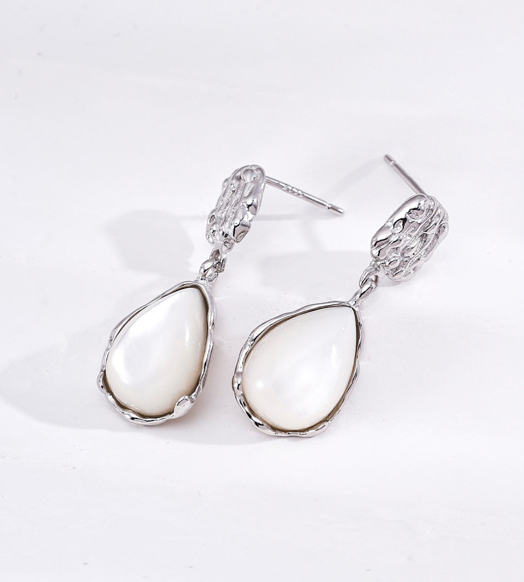 Teardrop Mother-of-Pearl Drop Earrings, 18K White-Gold-Plated on S925 Sterling Silver | BUCKLE Collective