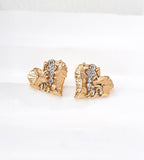 Textured heart stud earrings in vintage gold — sculptural rock-textured irregular heart with pavé CZ crystal vein detail, 18K gold plated S925 sterling silver, approx. 1.8cm, BUCKLE Collective