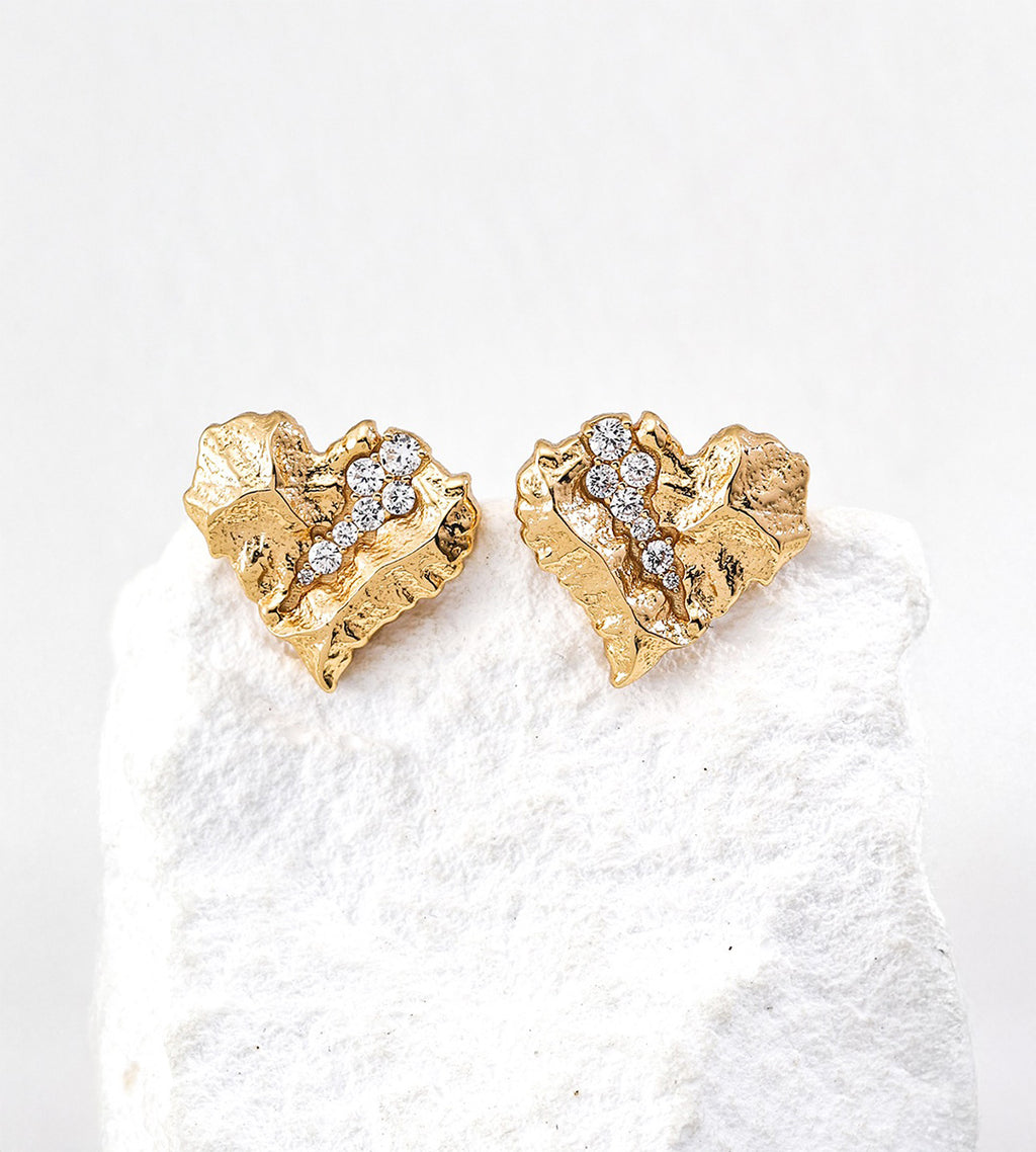 Textured rock heart stud earrings in vintage gold — irregular cracked surface with pavé cubic zirconia inlay, 18K gold plated S925 sterling silver, BUCKLE Collective