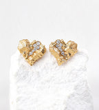 Textured rock heart stud earrings in vintage gold — irregular cracked surface with pavé cubic zirconia inlay, 18K gold plated S925 sterling silver, BUCKLE Collective
