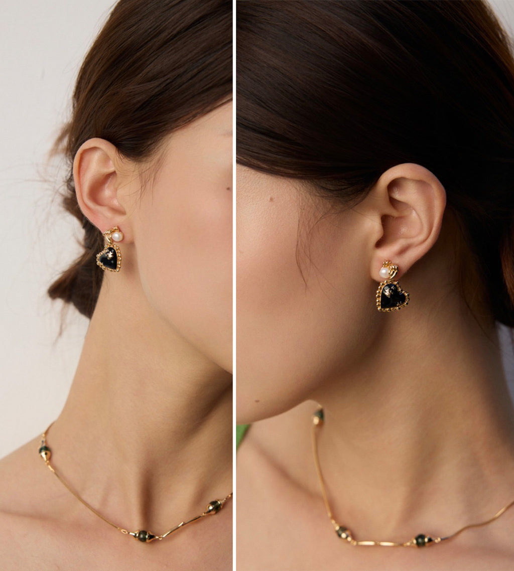 The Noir Coeur Vintage Pearl Drop Earrings 18K Gold-Plated S925 Silver