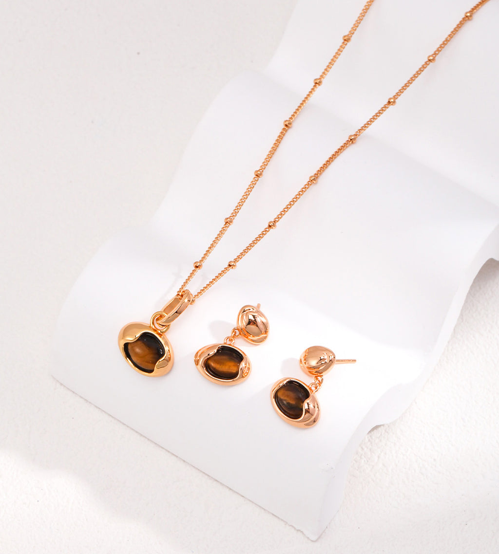 The Solstice Tiger's Eye Inlay Drops and Necklace, 18K Gold-Plated on S925 Silver