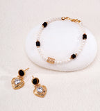 Tiger's eye CZ heart drop earrings and matching tiger's eye pearl bracelet jewellery set in 18K gold plating — S925 silver, vintage gold finish, BUCKLE Collective