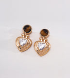 Tiger's eye and heart-cut cubic zirconia heart drop earrings in 18K gold plating — round tiger's eye cabochon stud with puffed gold heart pendant and sparkling CZ center stone, S925 silver, BUCKLE Collective