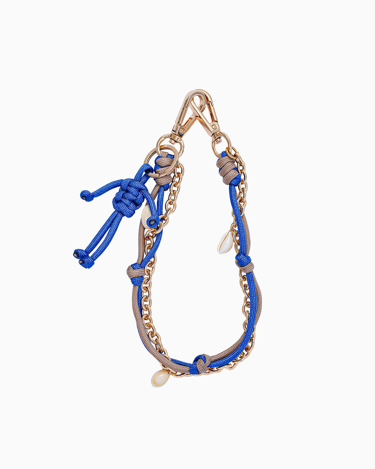 Elegant Blue & Taupe Rope Bag Keychain with Shell Accents