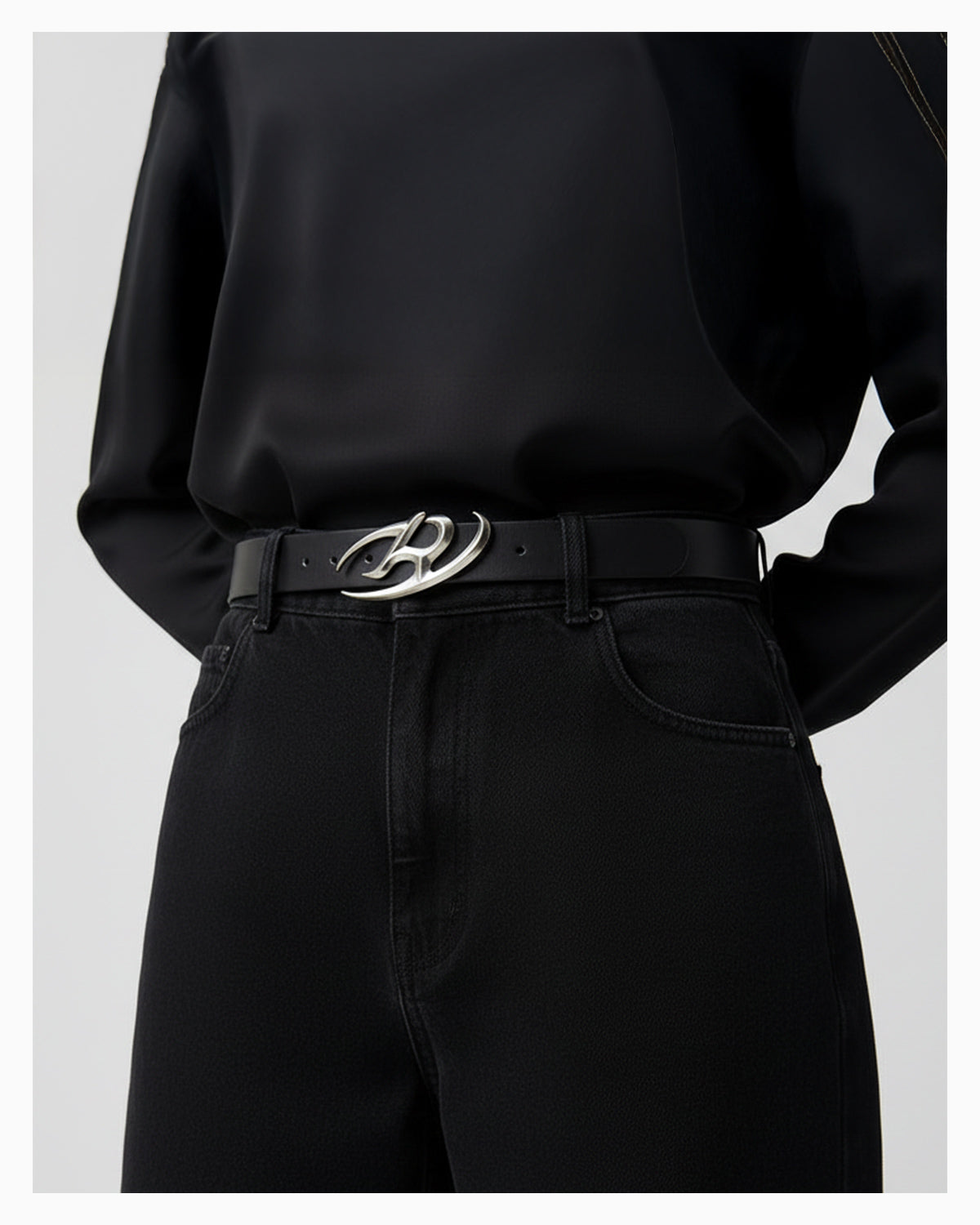Unisex Statement Black Belt with Silver R-Shaped Buckle