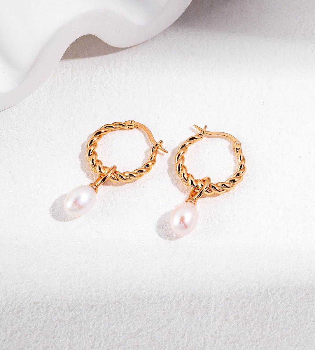 18K Gold-Plated over S925 Silver Twist Hoop Removable Pearl Drop Earrings