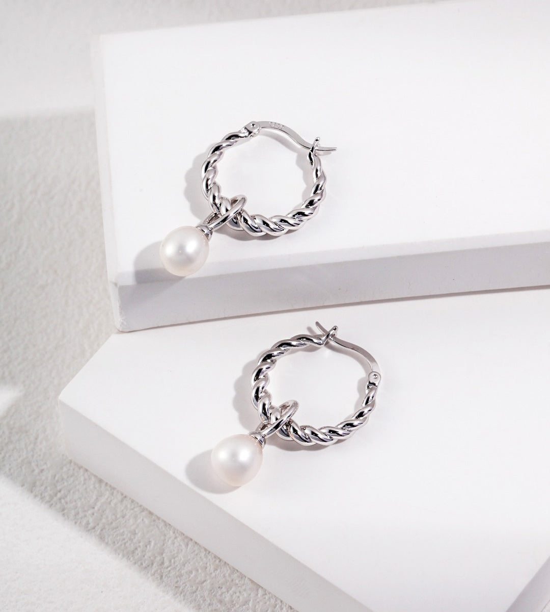 18K White-Gold-Plated over S925 Silver Twist Hoop Removable Pearl Drop Earrings