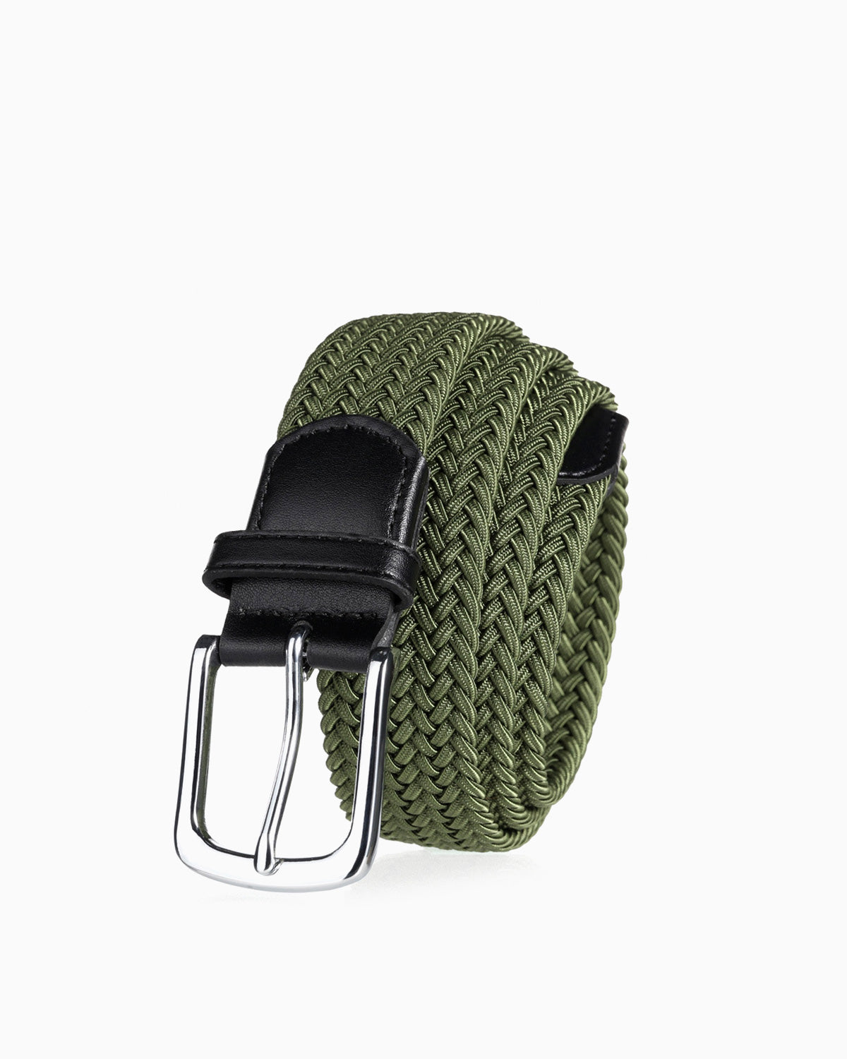 An army-green braided elastic belt with a black leather keeper and a silver-tone metal buckle by BUCKLE Collective