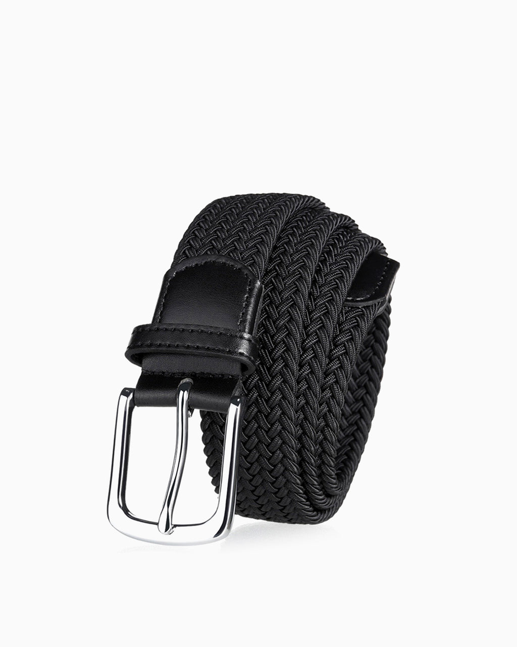 A black braided woven belt with a polished silver-tone metal buckle and black leather accents | BUCKLE Collective