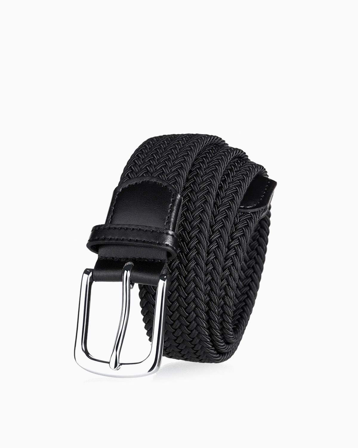 A black braided woven belt with a polished silver-tone metal buckle and black leather accents | BUCKLE Collective