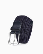A dark blue braided woven belt with a polished silver-tone metal buckle | BUCKLE Collective