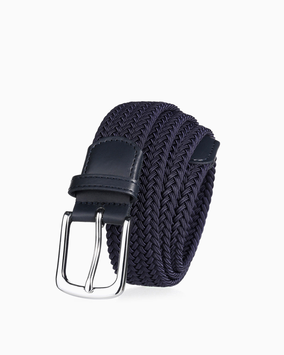 A dark blue braided woven belt with a polished silver-tone metal buckle | BUCKLE Collective