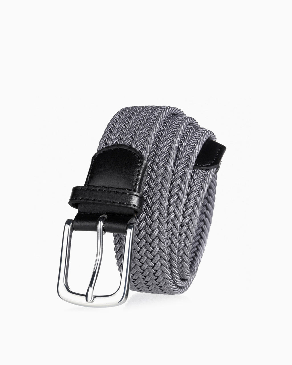 A gray braided woven belt with a black leather keeper and a silver-tone metal buckle | BUCKLE Collective