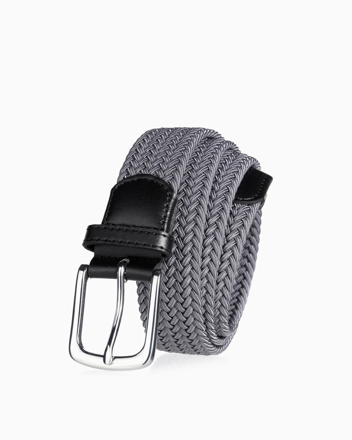 A gray braided woven belt with a black leather keeper and a silver-tone metal buckle | BUCKLE Collective