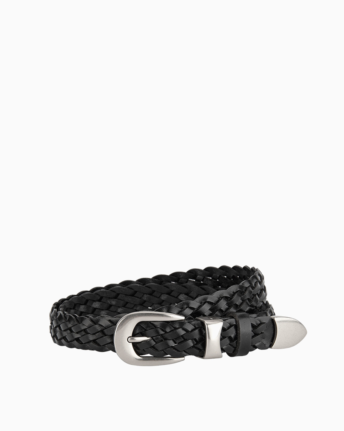 Unisex Braided Black Leather Belt with Silver Buckle
