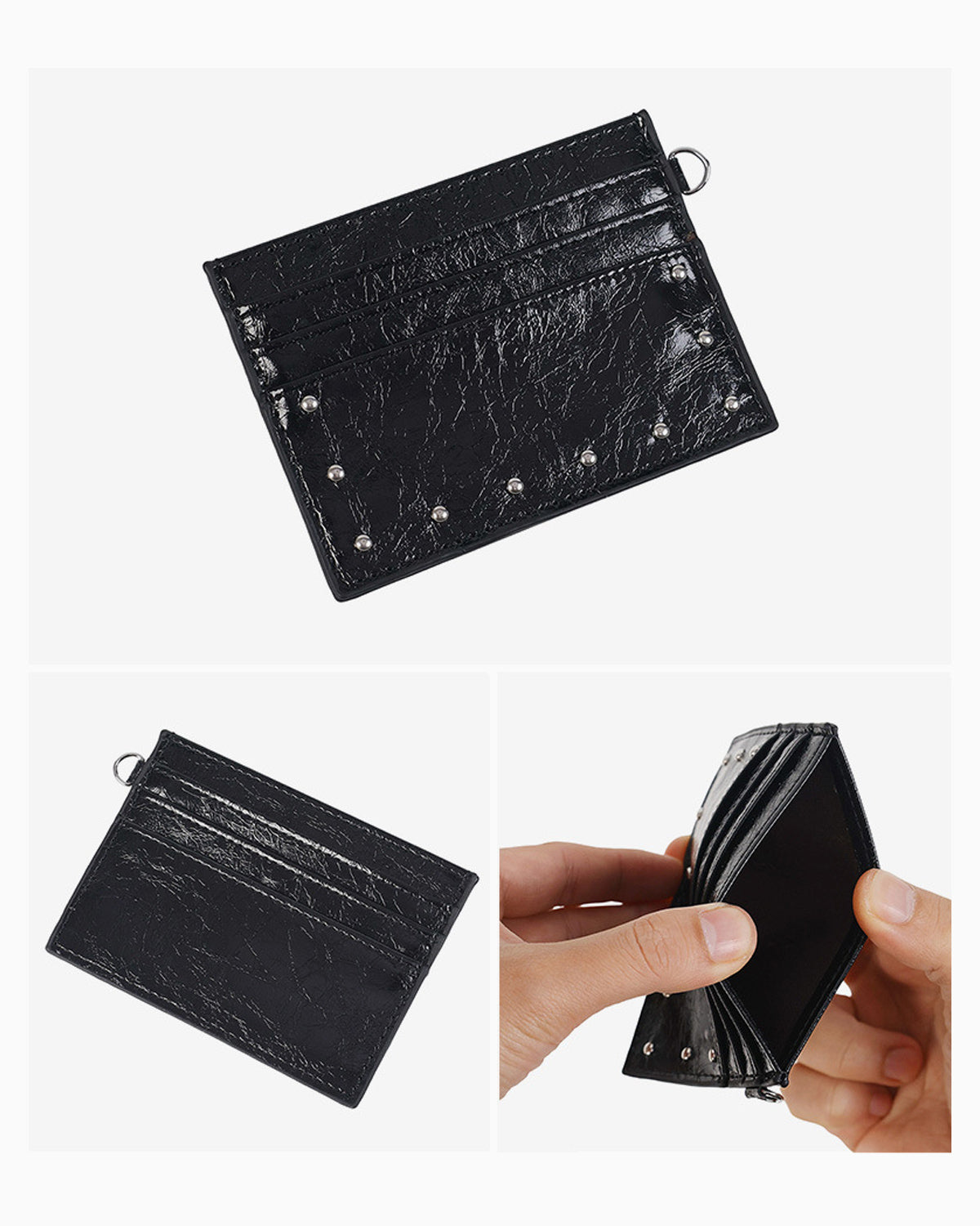 Unisex Vegan Leather Studded Black Card Holder