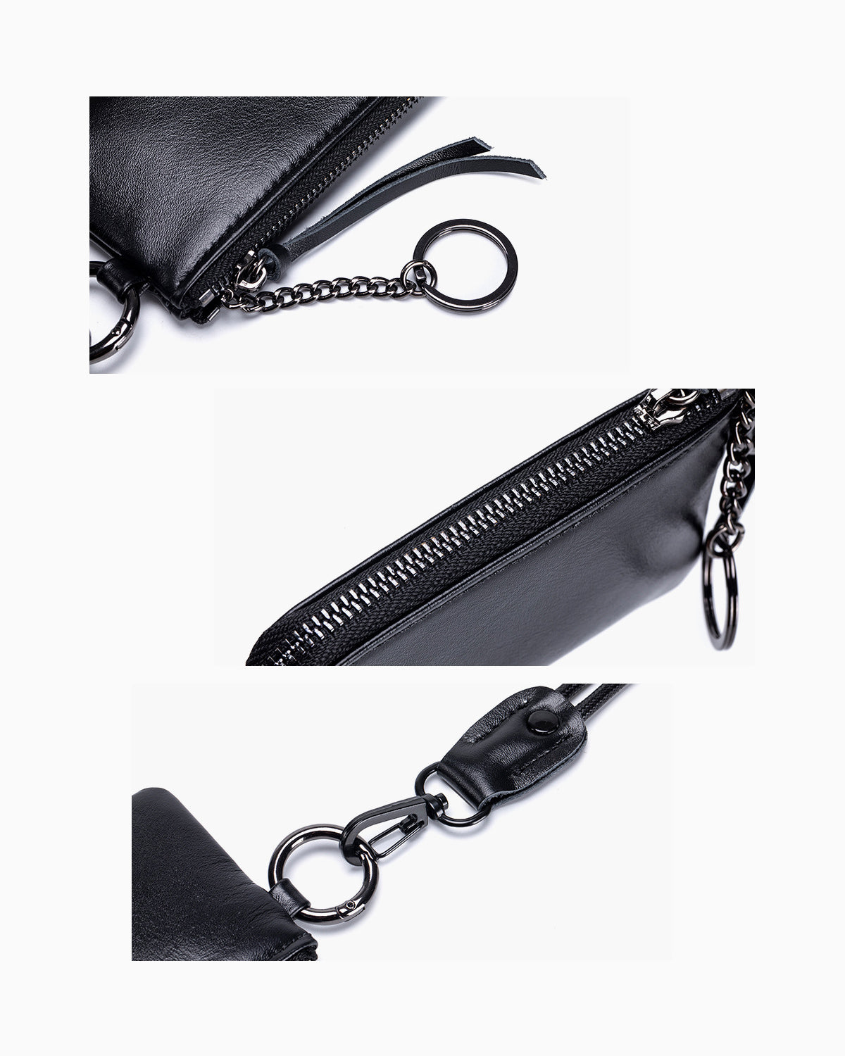 Black Genuine Leather Lanyard Purse – Hands‑Free Zipper Pouch
