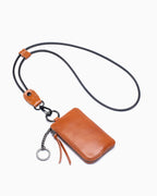 Light Brown Genuine Leather Lanyard Purse – Hands‑Free Zipper Pouch