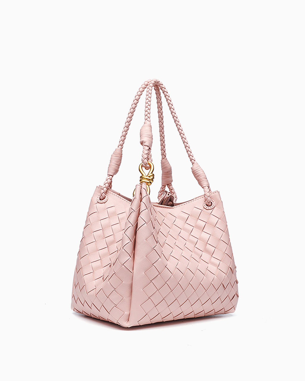Side view of Trendy, Spacious & Stylish Vegan Faux Leather Woven Parachute Bag with Detachable Strap and Knot Detailing 