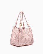 Side view of Trendy, Spacious & Stylish Vegan Faux Leather Woven Parachute Bag with Detachable Strap and Knot Detailing 