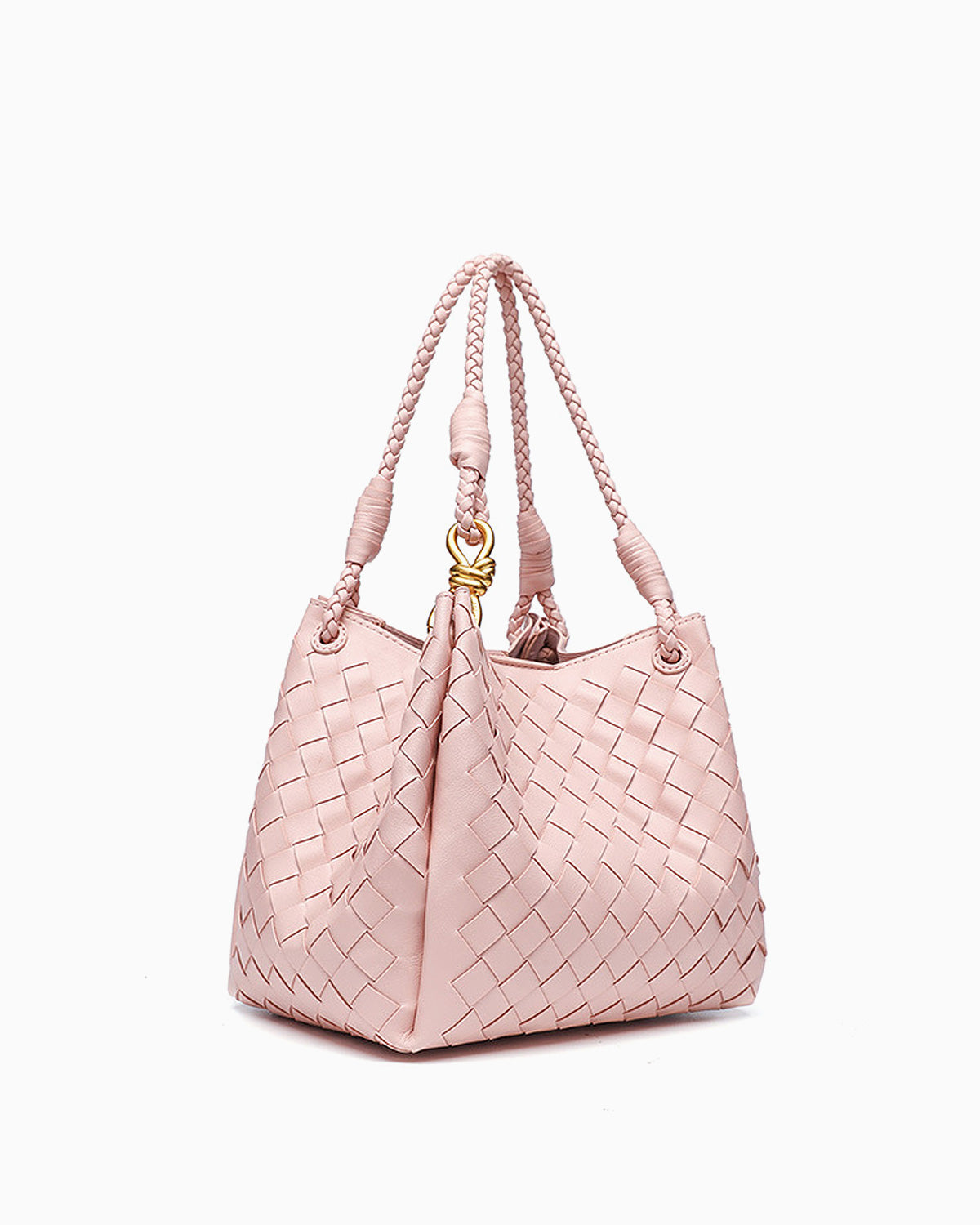 Side view of Trendy, Spacious & Stylish Vegan Faux Leather Woven Parachute Bag with Detachable Strap and Knot Detailing 