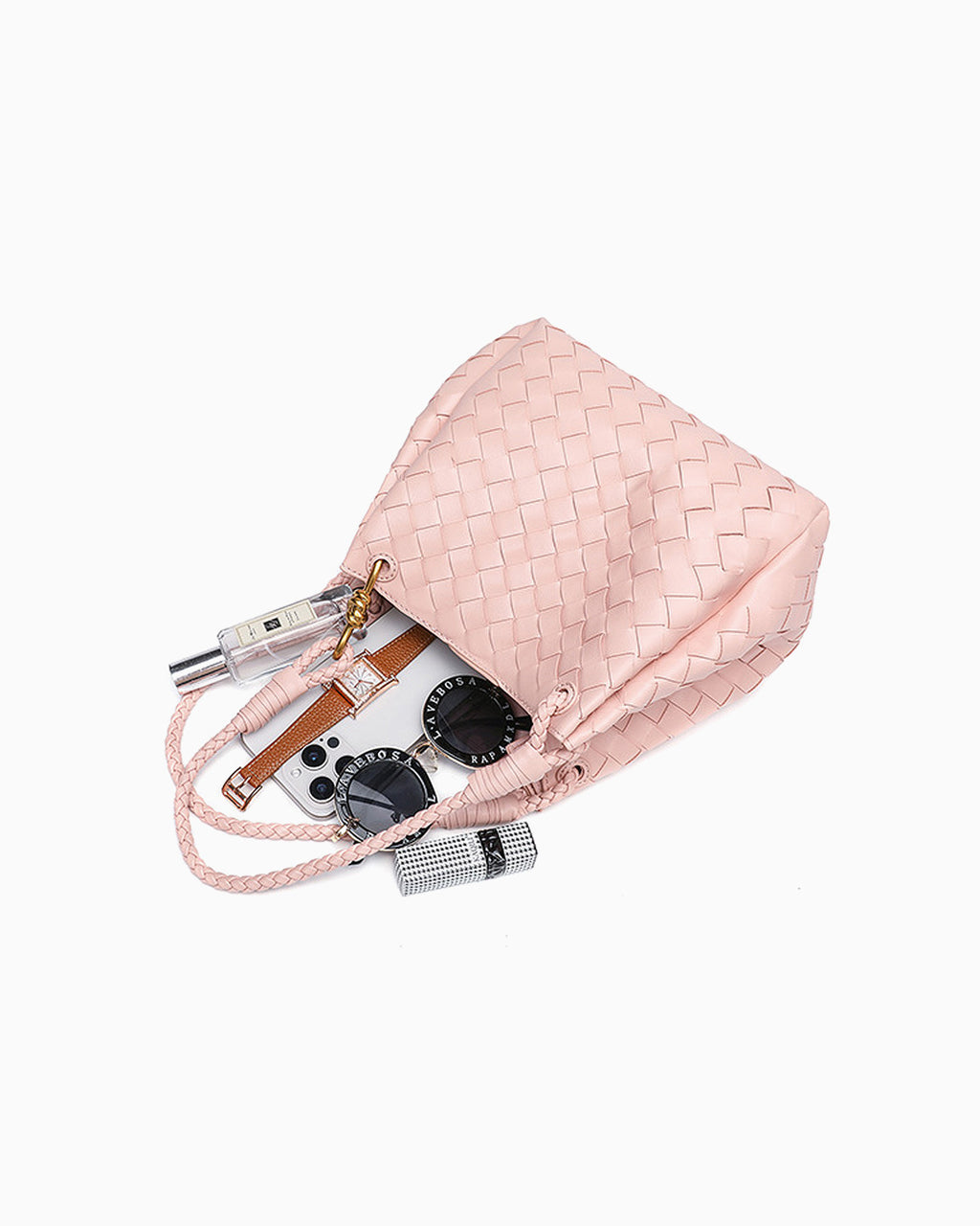 What fits inside the Vegan Leather Woven Parachute Bag with Detachable Strap, Light Pink Color