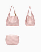 Front, side, and bottom views of Woven Parachute Bag with Detachable Strap and Knot Detailing, Light Pink Color