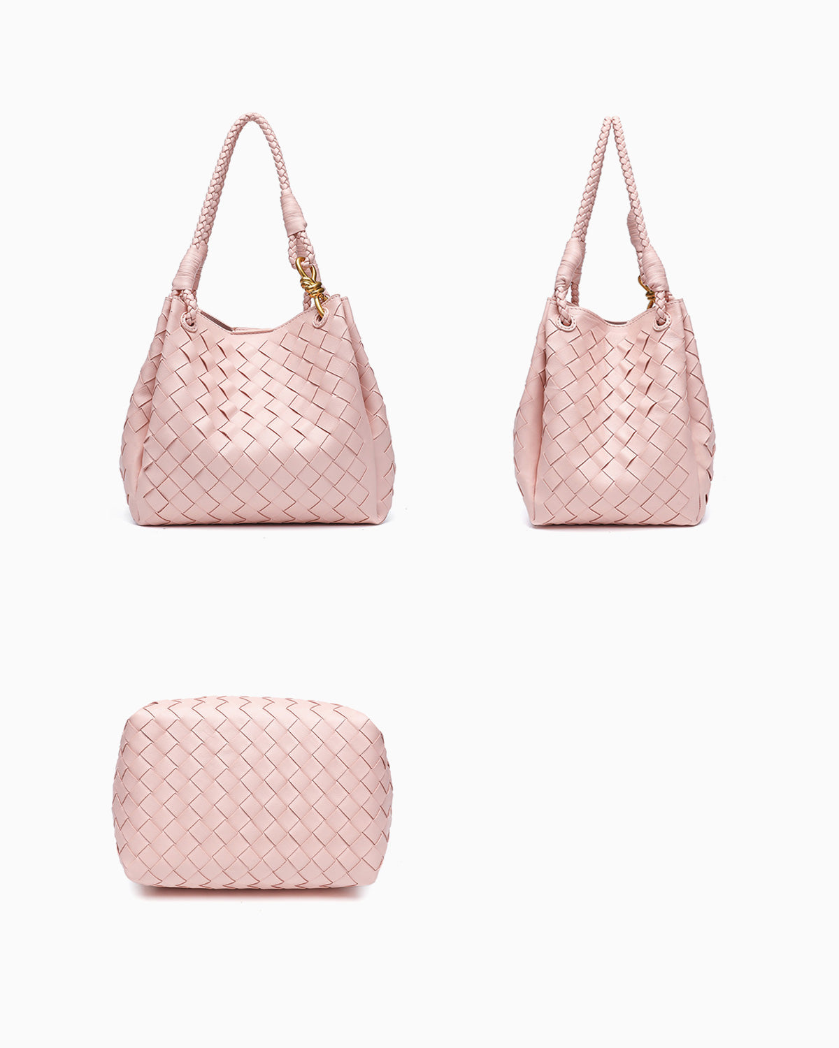 Front, side, and bottom views of Woven Parachute Bag with Detachable Strap and Knot Detailing, Light Pink Color